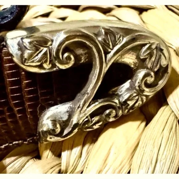 🐈⬛BRIGHTON🐈⬛ LEATHER SNAKE EMBOSSED TEXTURE CATS & FLOWERPOT BUCKLE VTG BELT🐈 - Picture 11 of 13